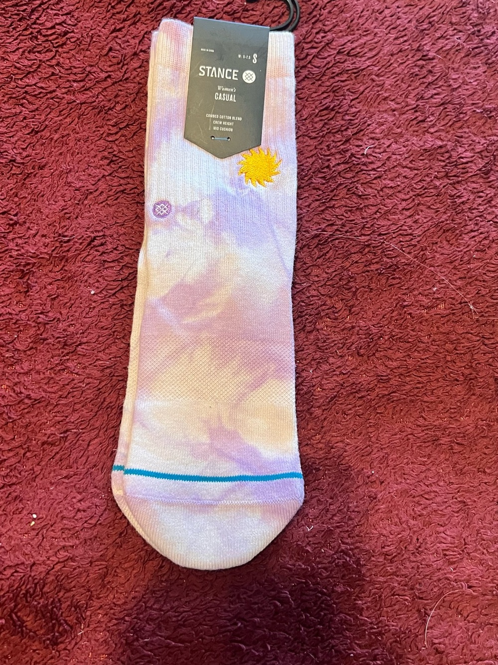 Stance Women’s Casual Tie-Dye Crew Socks - Purple and Yellow Sun Accent